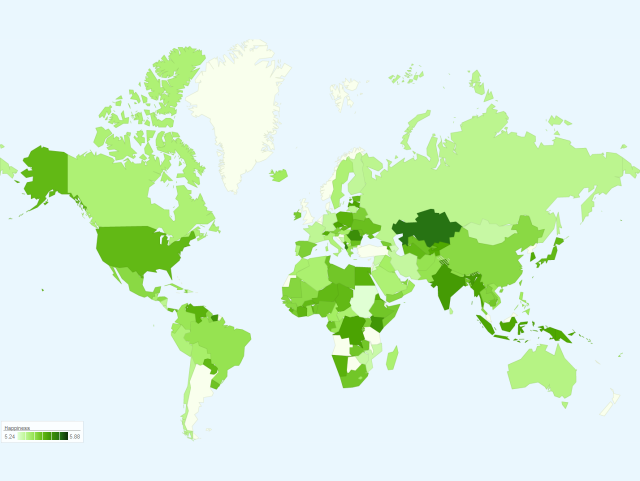 Image taken from work in: Sentiment Analysis of Constitutions. It shows a world map. Each country is colored with a green hue ranging from very light to very dark green, representing the level of happiness of the country's consitution preamble. Darker values represent higher happiness level. 