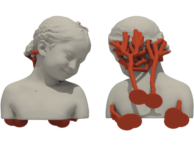 Image taken from the paper: Perceptual Models of Preference in 3D Printing Direction. The image shows the 3D model of a girl in white color. For the model to 3D-printed in a low-budget FDM 3D-printer, tree-like support structures are placed. The support structures are represented in the image with red color. After the model is 3D-printed, the supports are manually removed, leaving artifacts on the surface of the model. Our technique improves the placement of the supports by avoid placing them in visually important areas of the model. For example, in the presented model, no supports are placed on  the face, supports are placed instead on the hair, which have a lot of texture, and on the back of the pit-arms. This results in less visibly disrupting artifacts after their removal.
