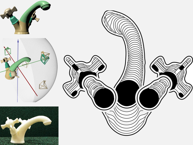 Image taken from the paper: Tactile Line Drawings for Improved Shape Udnerstanding in Blind and Visually Impaired Users. The image in the left shows the segmented 3D model of a faucet(top), multiple cameras positioned around the faucet model (middle), a 3D-print of the faucet model (bottom). The image in the right shows a rendering of the line-drawing that displays the faucet and is used by the blind to clarify the faucet's shape.